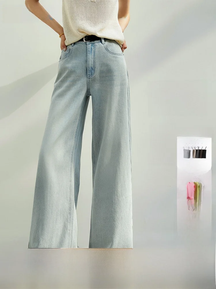 

Romantic Wind Bell High Waist Blue Jeans Women's Summer Lazy Wide Leg Pants Asymmetrical Hemline Casual Loose Fit Jeans