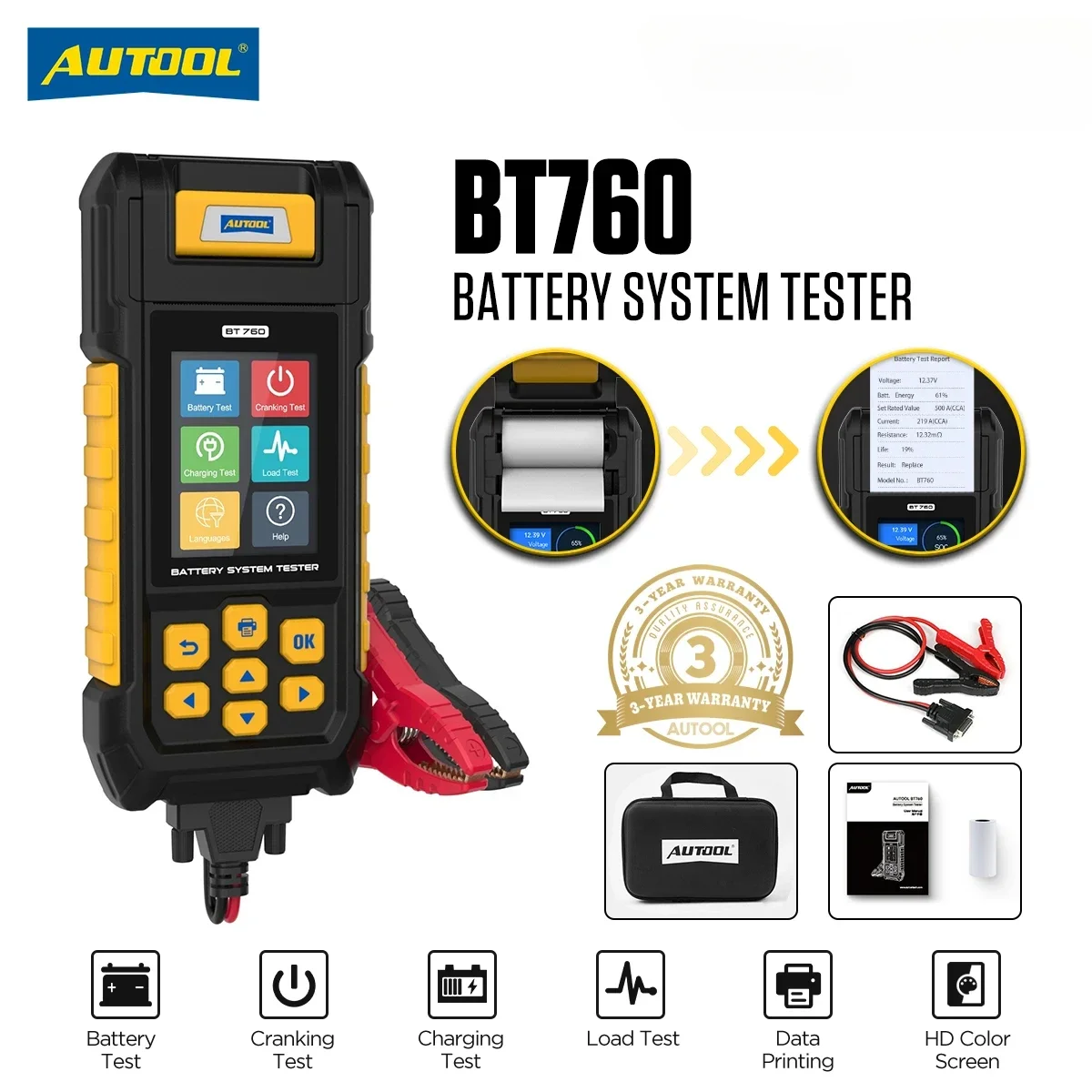 

AUTOOL BT760 Car Battery Tester with Thermal Printer 36V Battery Cranking \ Charging \ Max Load Test