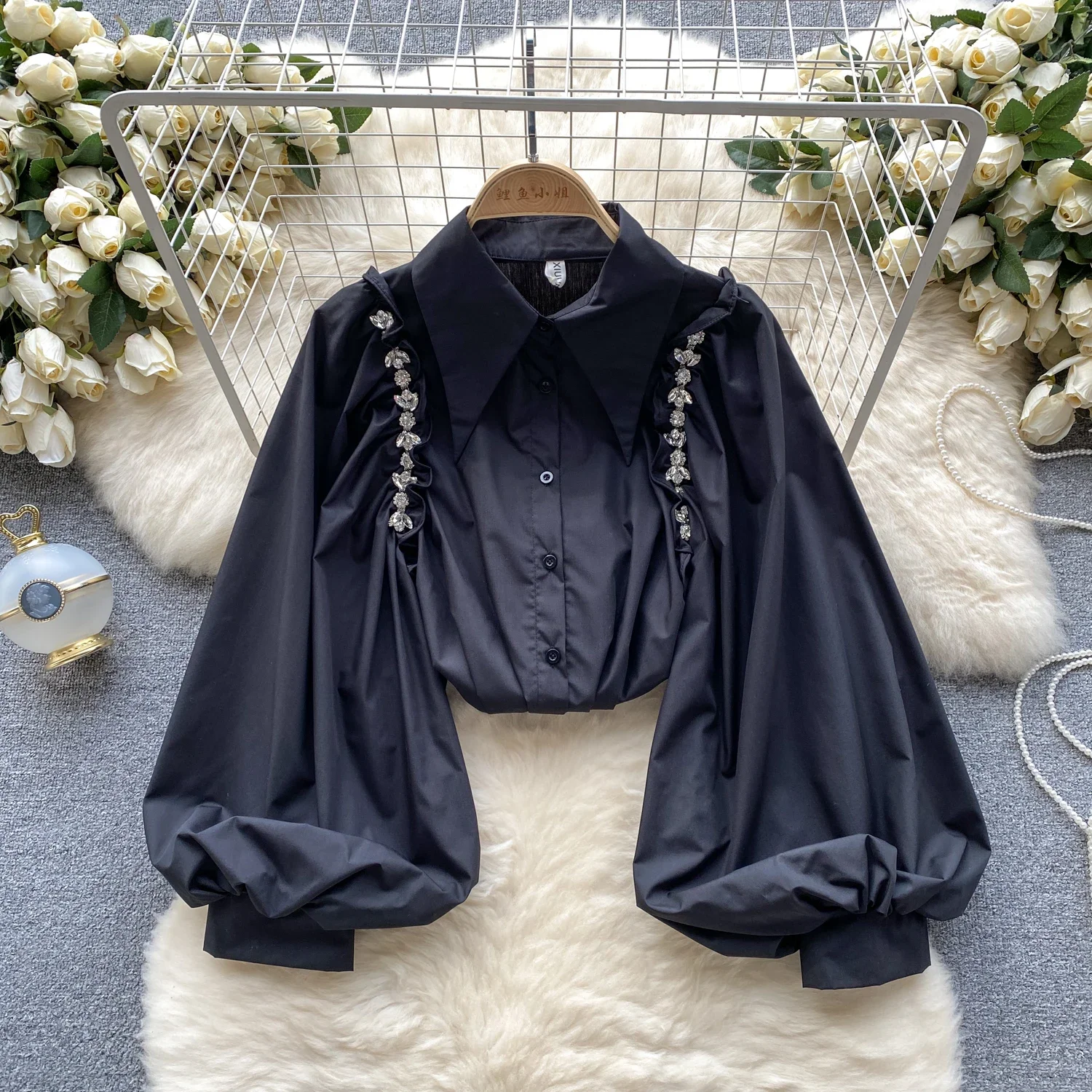 Women Turn Down Collar Lantern Long Sleeve Loose Blouse Slim Elegant French Fashion Top Sexy Spring Summer Women Shirt