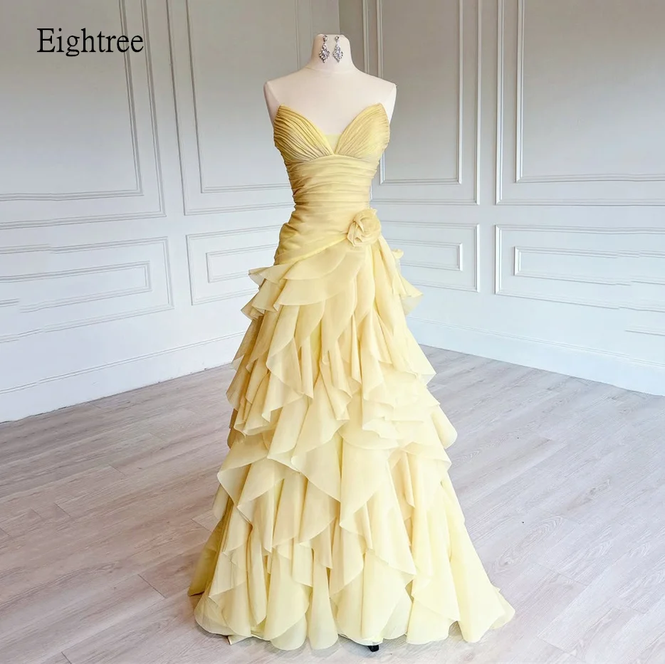 Eightree Trendy Yellow Sweetheart Neck A Line Prom Gowns Ruffled Tiered Party Gown Floor Length Evening Dress 2026 Customized