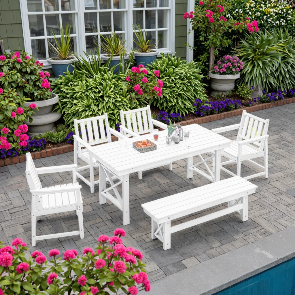 

Free US Fast Shipping White 6-Pc HDPE Lightweight Outdoor Furniture 4 Chairs 1 Bench 1 Table Plastic Picnic Hotels Hospitals