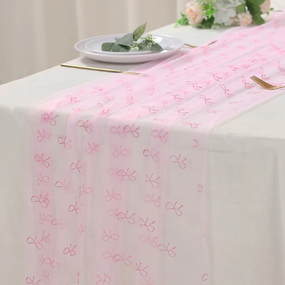 

New Pink Bow Theme Table Runner Tulle Sheer Tablecloth Elegant Soft Table Flag Cover Birthday Decoration