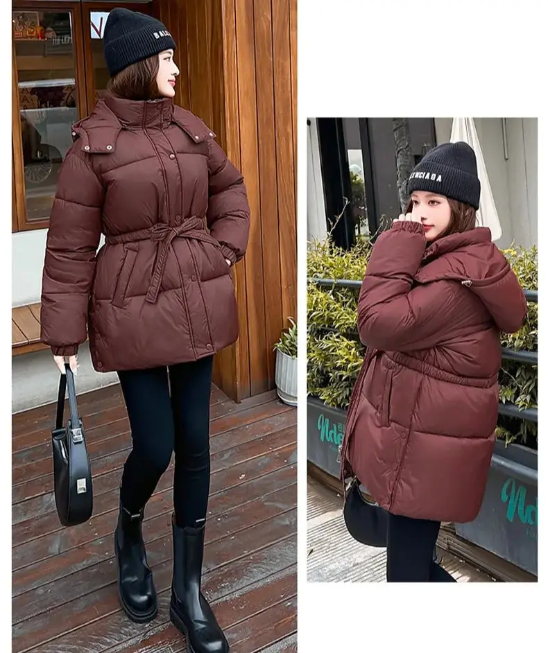 ZAROY Women's Thick Warm Cotton Jacket With Belt Winter Casual Solid Long Sleeves Pocket Zipper Hooded Down Coat куртка ж