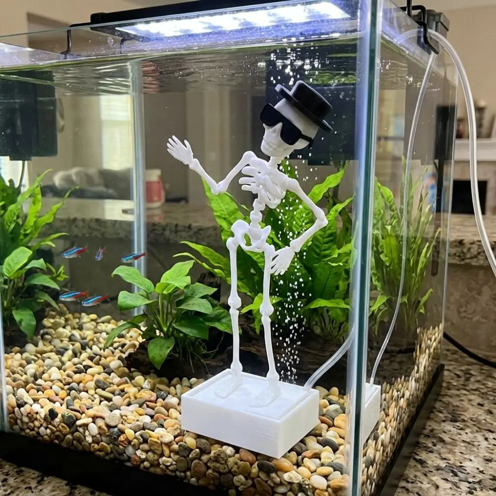 3D Printed Dancing Skeleton Aquarium Bubbler Plastic Wear Hat Sunglasses Dynamic Skeleton Bubbler Gothic Air Driven