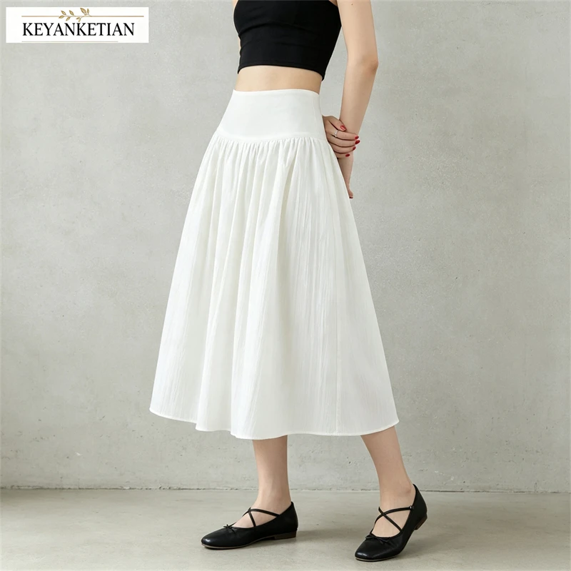 KEYANKETIAN 2026 Women Fresh High Waist Midi Skirt Crinkle Textured Fabric Wide Waistband Gathered A Line Flowy Skirt