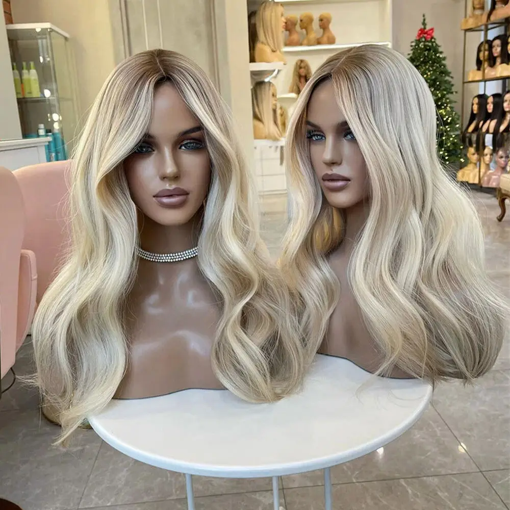Easy Maintenance Ash Blonde Synthetic Lace Frontal Wigs With Dark Roots Body Wave Shoulder Cheap Wigs On Clearance Daily Used