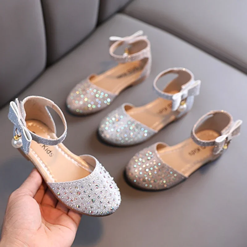 Girl Princess Shoes Rhinestone Pearl Children Wedding Party Single Shoes Fashion Versatile Kids Sweet Korean Style Flat Sandals