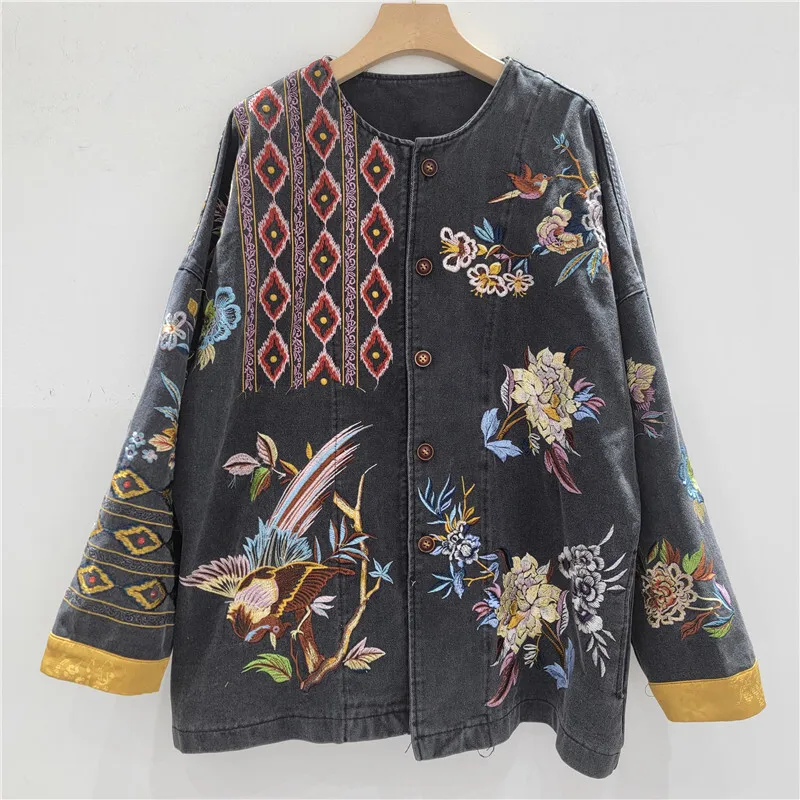 HKSH printemps automne nouvelles femmes veste en jean lourd artisanat broderie simple boutonnage Vintage Style chinois élégant Chic manteau HK16167