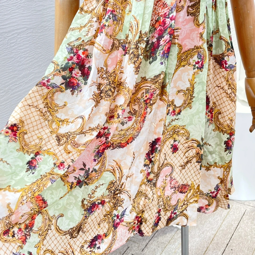 Rosa-grünes, ärmelloses, rückenfreies Minikleid mit Blumendruck und Spitze, 2025, neues Design