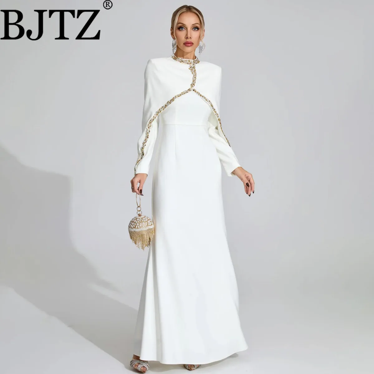 BJTZ 가을 셀러브리티 이브닝 가운 배트 슬리브 크리스탈 비즈 장식 플로어 길이 드레스 캐주얼 편안한 우아한 미니멀리스트 프리미엄 파티웨어