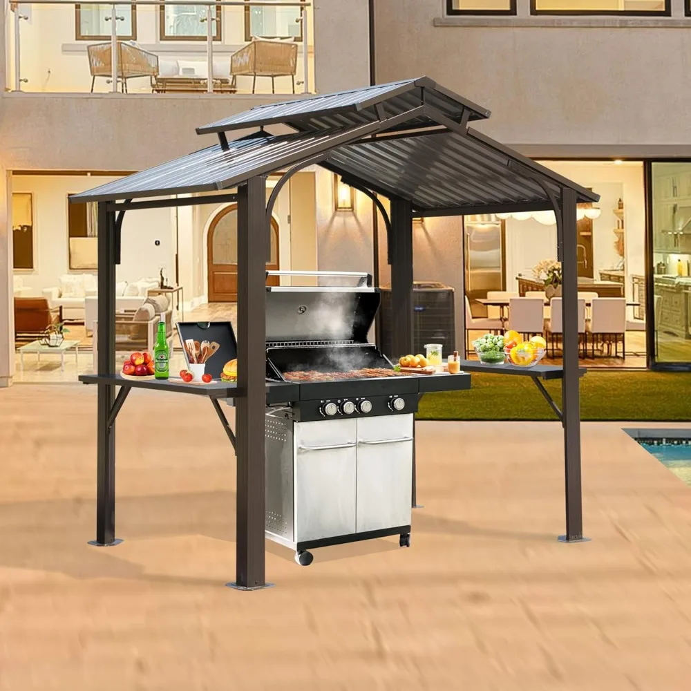 8 x 5 ft outdoor barbecue gazebo with 2 side frames and ceiling hooks, metal grill canopy, galvanized steel double roof,