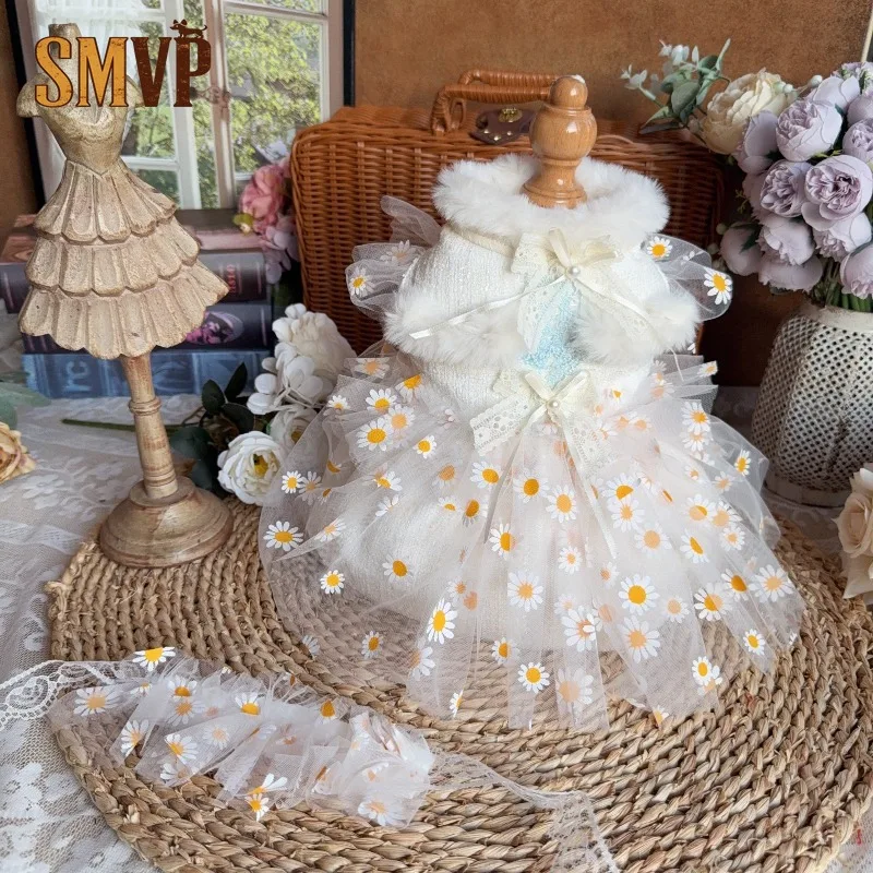 

Winter Velvet Thickened Small Daisy Embroidered Tulle Lace Dress Elegant Lady Style Pet Clothing Includes Matching Headwear