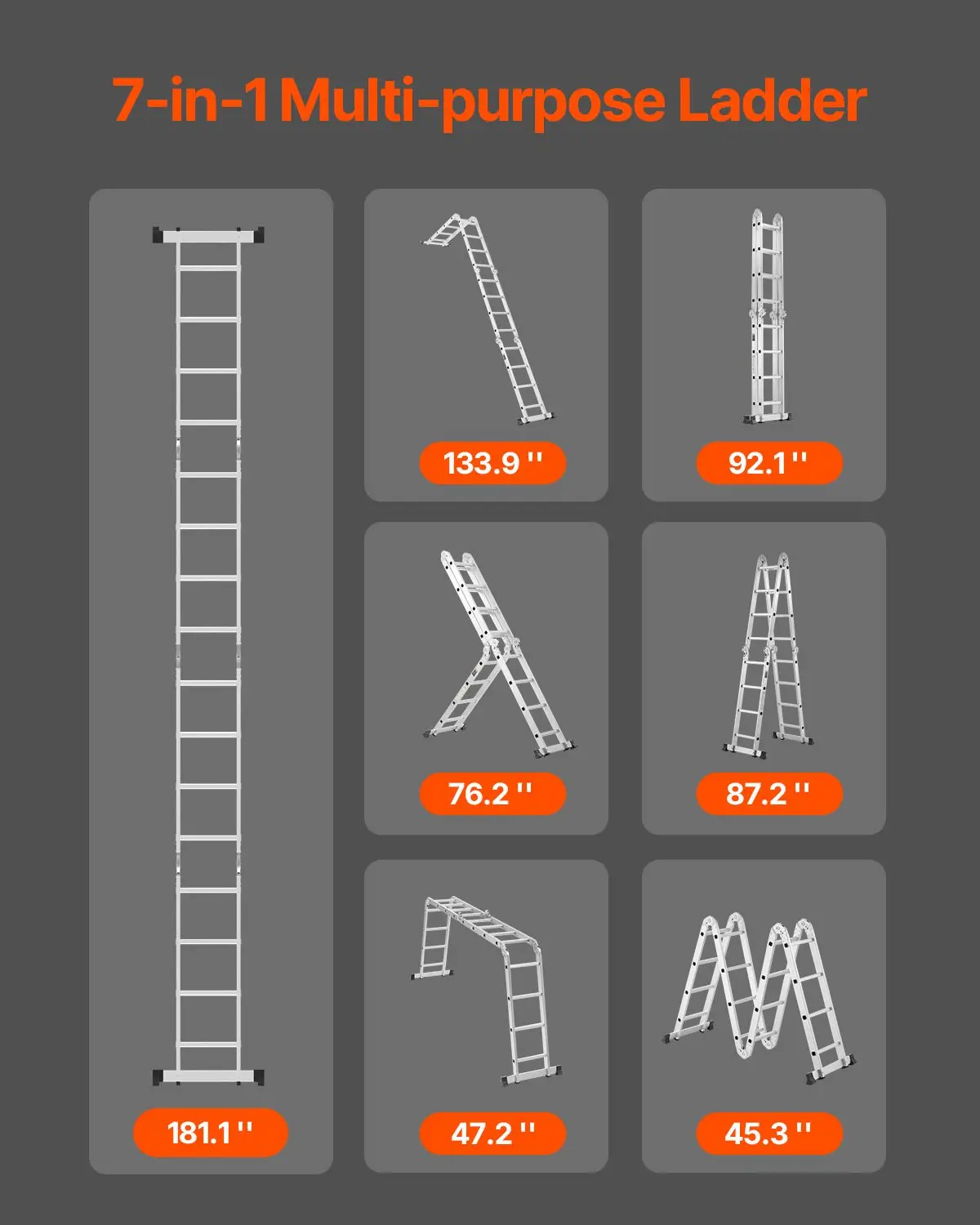 Multi-Purpose Folding Ladder, 7-in-1 Tall Extension Step Ladder, A Frame 4 Step Telescoping Ladder, 15.5ft Reach Height Heavy Du