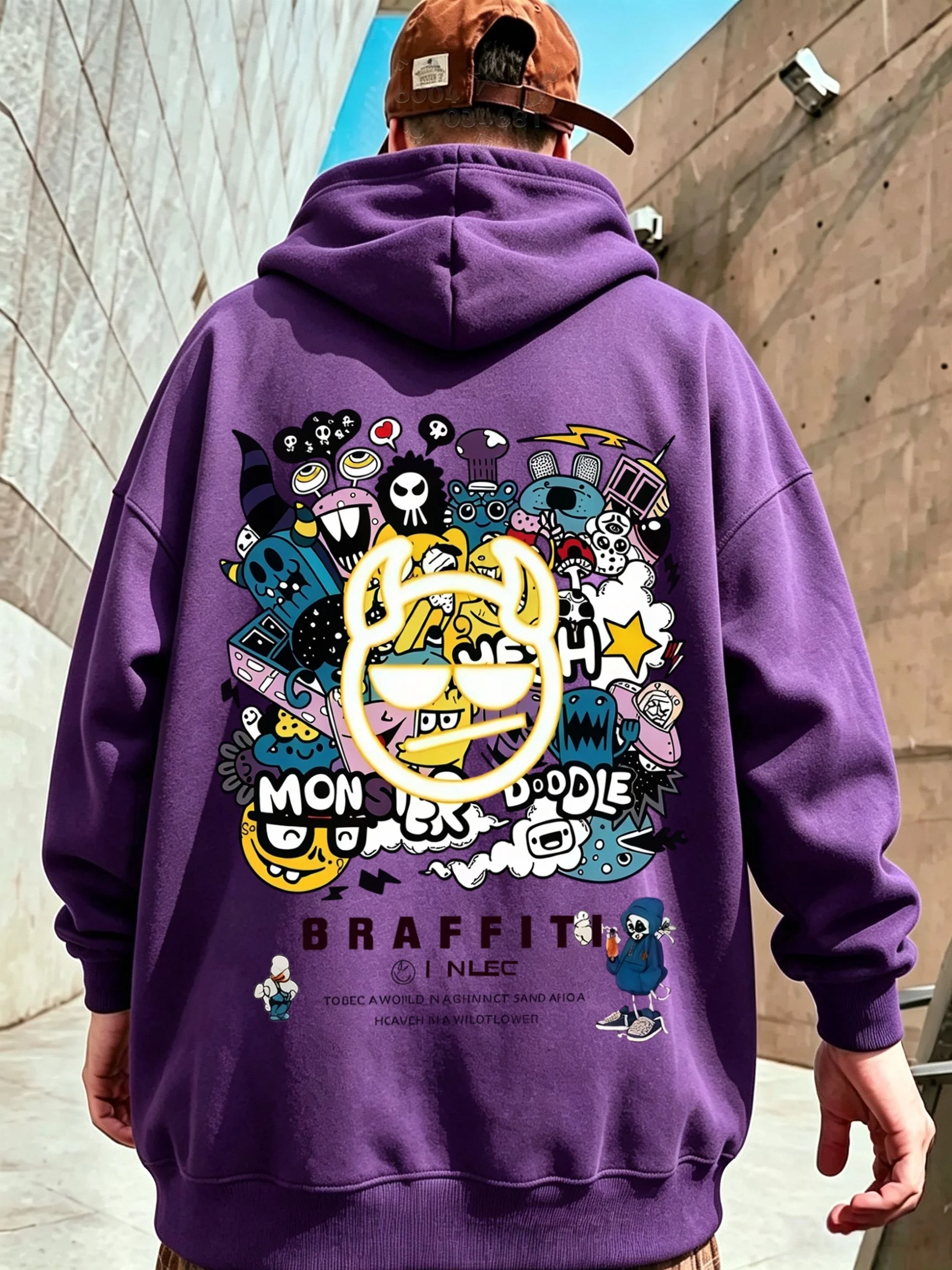 Latest model - Beast Graffiti Back Print Men's Hooded Sweatshirt - Cartoon Monster Pattern Casual Long-Sleeved Pullover Shirt