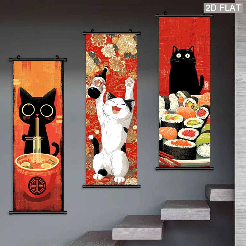 VIKAMA Fun Kitten Food Wall Scroll Tapestry, Cartoon Cat Sushi Ramen Art, Fabric Poster, Room Kitchen Wall Hanging Decor
