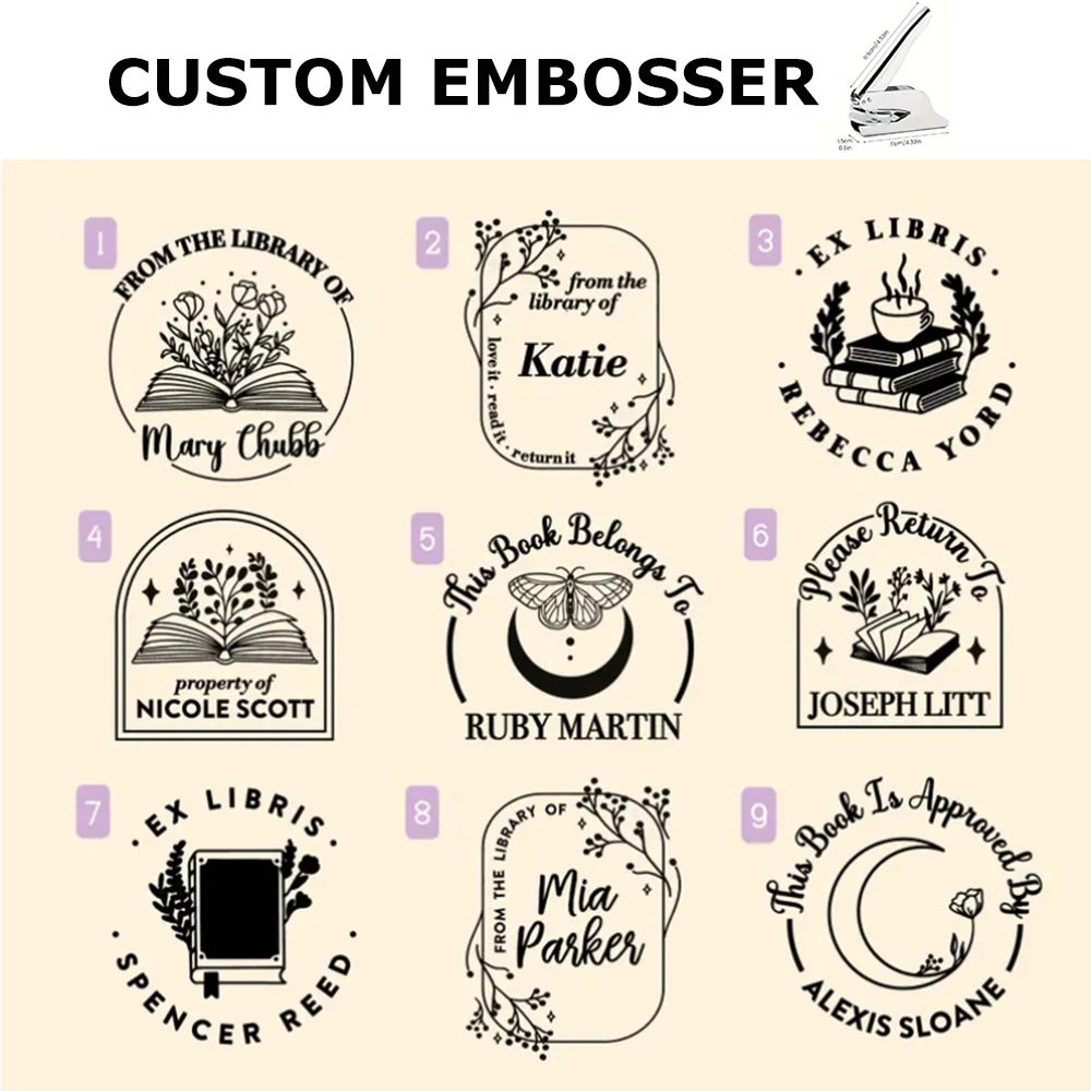 Benutzerdefinierter Embosser-Stempel, personalisierter individueller Buch-Embosser, Logo, Namensdesign, Siegelfarbe, silberner Griff für Hochzeitseinladungsdekoration