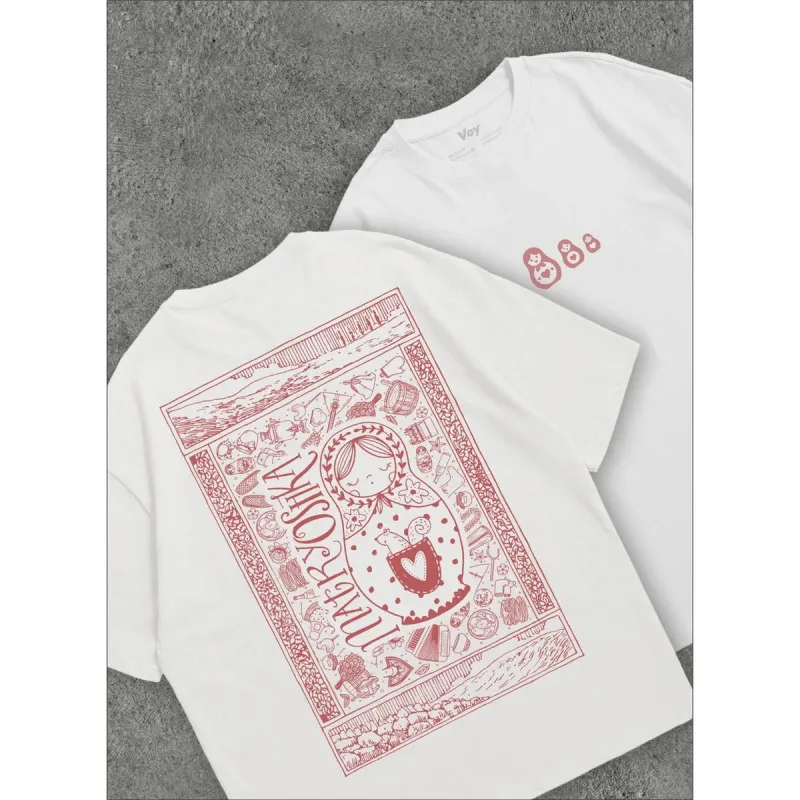 高品質「マトリョーシカ」ロシアの入れ子人形プリントTシャツ白いフォークアートオーバーサイズコットンTシャツ素敵なかわいい漫画トップス夏 1