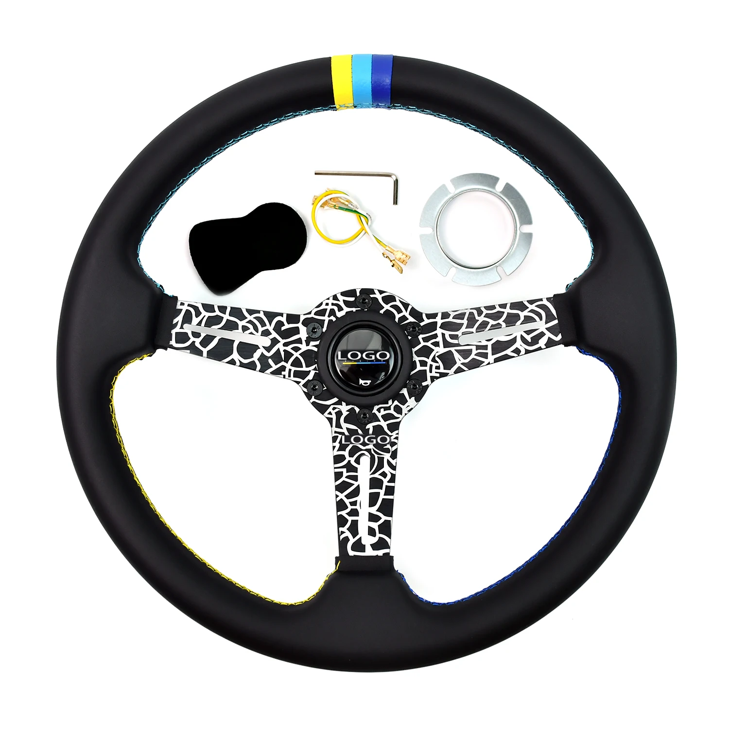

TIYPEOR NEW 14inch 350mm Universal Car Flat Dish Sports Drifting Leather Modified Steering Wheel