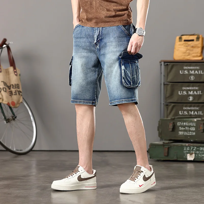 Available in Three Colors 2024 Summer Stretch Denim Shorts Men's Multi-Pocket Japanese Retro Overalls Loose plus Size Shorts