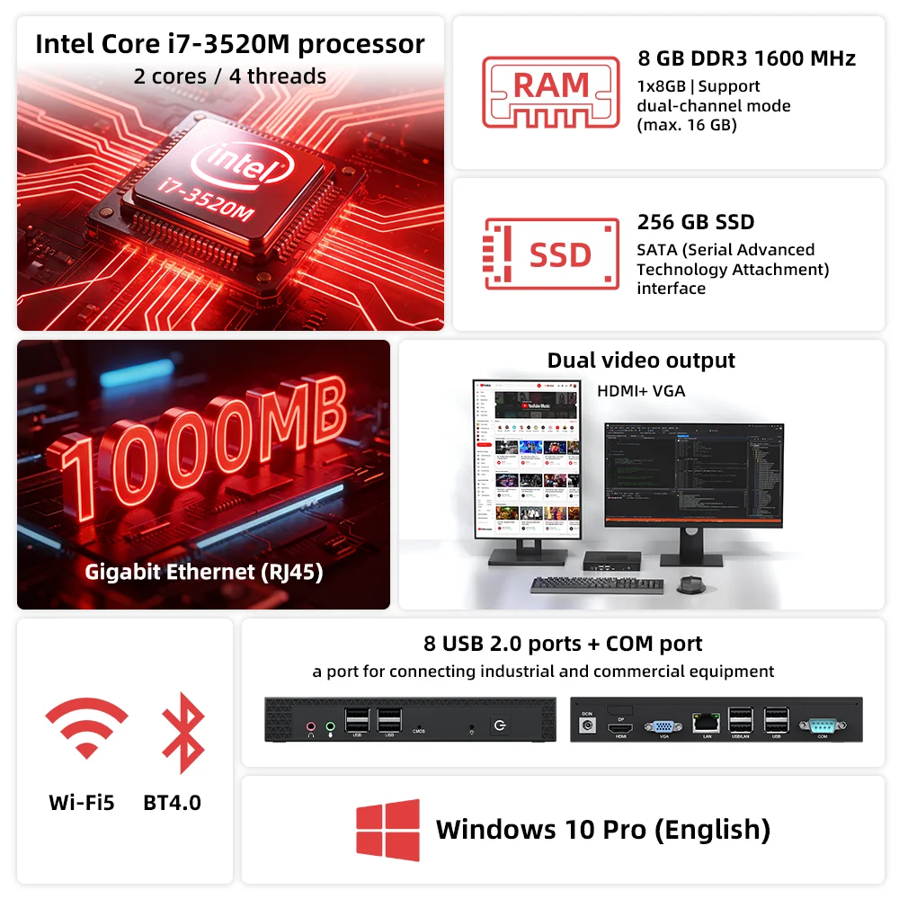 Texhoo MINI PC Intel Core I3/I5/I7 8G DDR3L 256GB SSD Windows 10 Dual-Band WiFi+BT4.0 Display 4K@60Hz Office MINI Computer