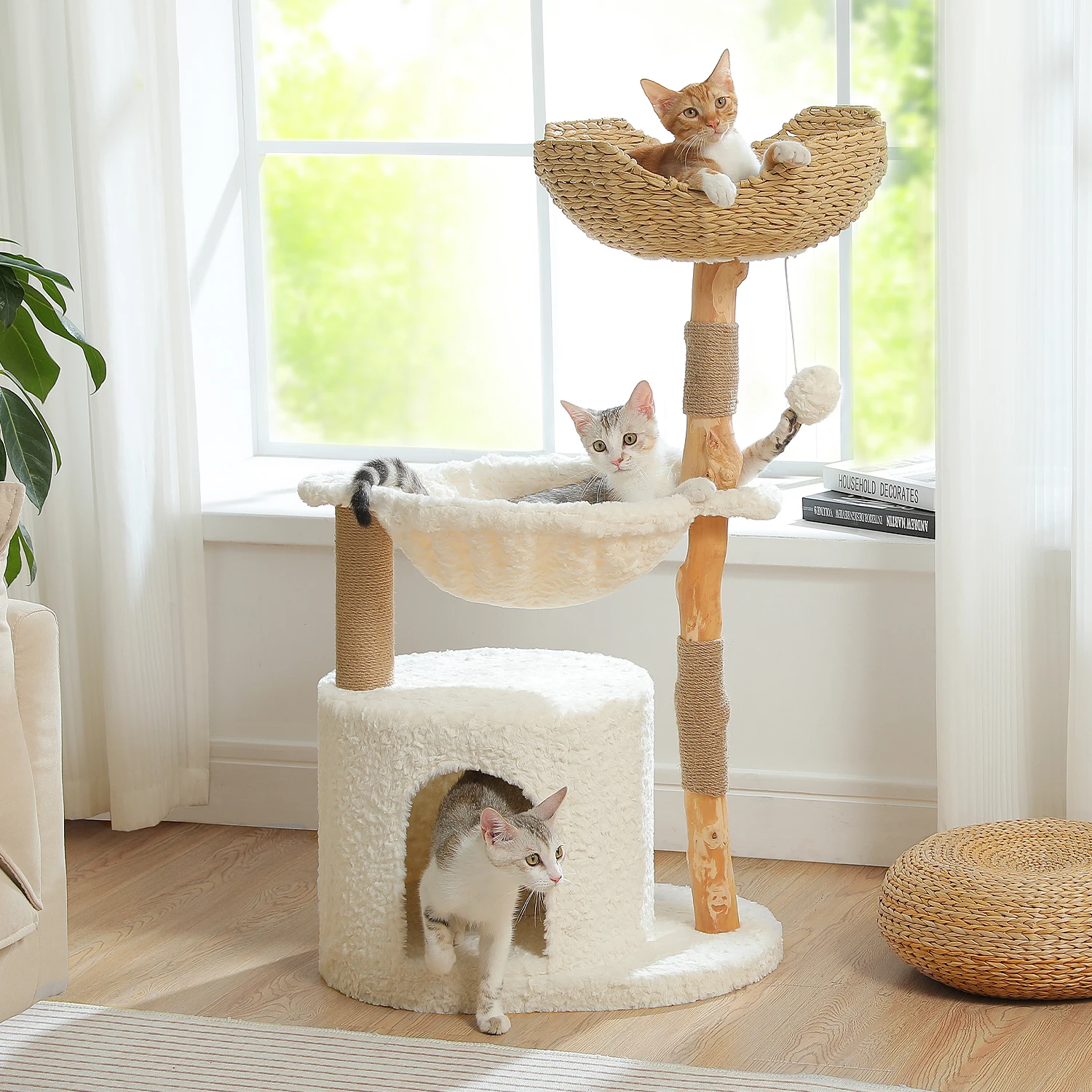 

40 inch Modern Cat Tree Tower for Indoor Cats, Real Branch Luxury Cat Condo, Cat Scratching Post, Jumping Platforms