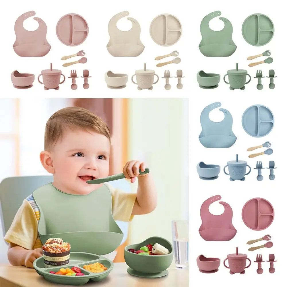 

8/5 шт., пищевая силиконовая детская миска для риса, набор присосок с ложкой, набор детских блюд, соломенная чашка, нагрудники, посуда для малышей