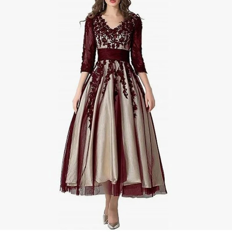 Prom Dress V Neck Lace Appliqué Three Quarter Sleeves Mother of the Bride Banquet Dress Ladies Cocktail Maxi Dress 2025