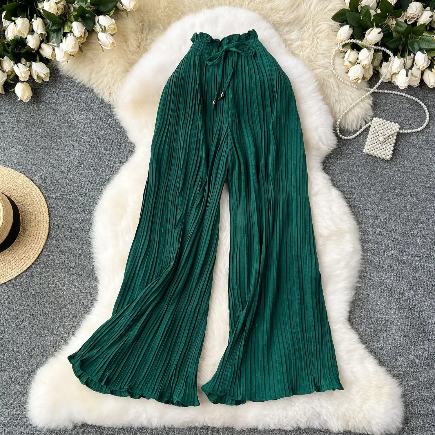 Women Long Pants Wide Leg Pant Solid Loose Casual Lace Up Tight High Waist Capris Regular Pleated Trousers Summer 2025