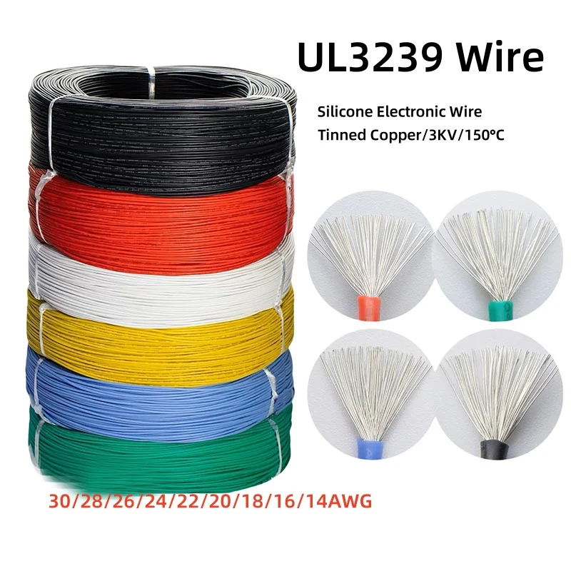 

2/5/10M UL3239 Silicone Wire Tinned Copper 8 10 12 14 16 18 20 22 24 26 28 30 AWG 3KV DIY LED Electronic Cable