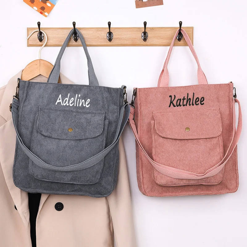 Personalized Name Large Capacity Tote Bag Corduroy Solid Color Versatile Customized Handbag Single Shoulder Bag Women\'s Bag