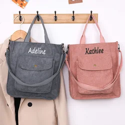 Bolso de mano de gran capacidad con nombre personalizado para mujer, pana, Color sólido, versátil, personalizado, un solo hombro