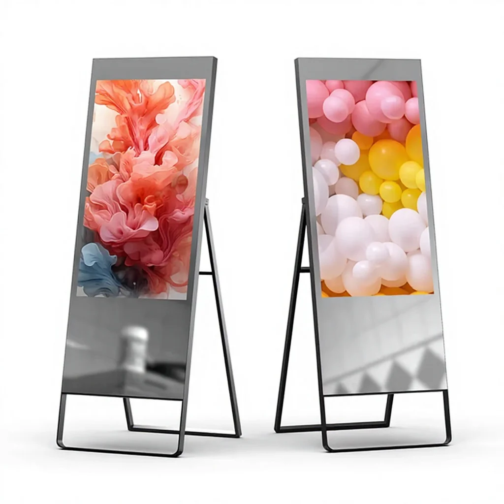 43 Inch 4K Indoor LED Display Screen With WiFi USB Freestanding Movable Mirror Poster For Shopping Mall Advertising