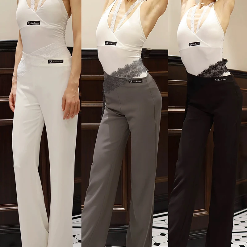 

Кружевные брюки для латиноамериканских танцев, женская одежда для занятий бальным танцем, белые, серые, черные латинские брюки, одежда для танцев румба DNV25256