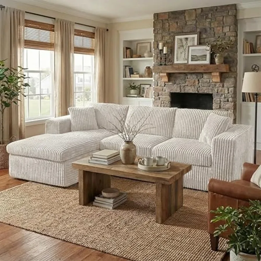 

105 Modular Sectional Sofa Beige Corduroy L Shaped Couch with Deep Seat Cloud Foam Oversized Chaise No Assembly Needed for Livi