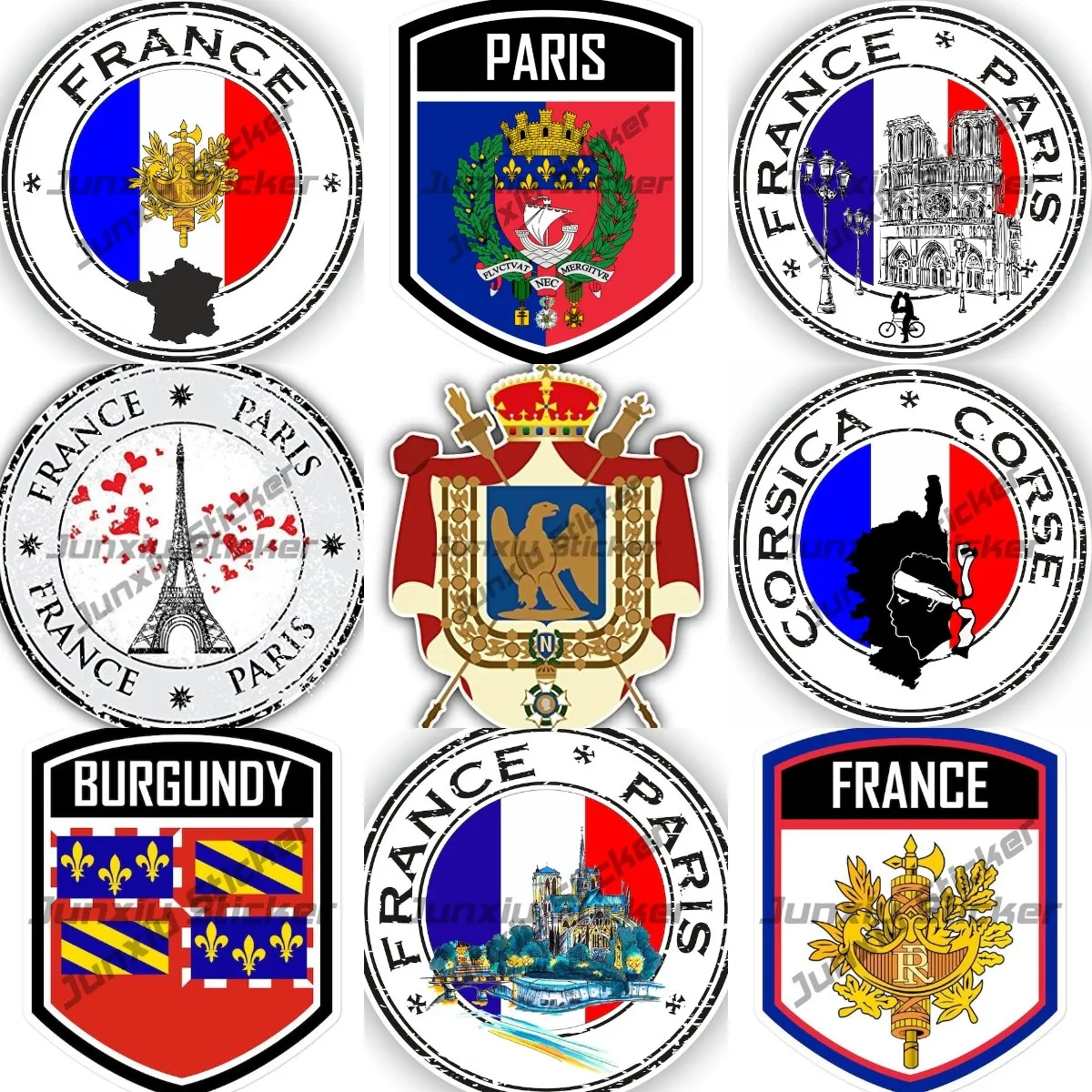 

France Coat of Arms Flag Emblem Vinyl Stickers France Paris Louvre Notre Dame Mont Martre Seal Sticker Round Flag Decals