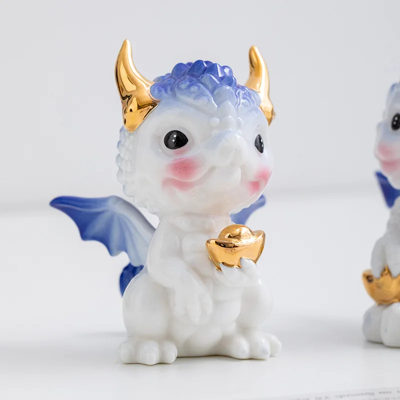 Gradient Blue White Cute Dragon Ceramic Figurine, Lucky Mythical Statue Wine Cabinet Entryway Oriental Tabletop Decor Gift