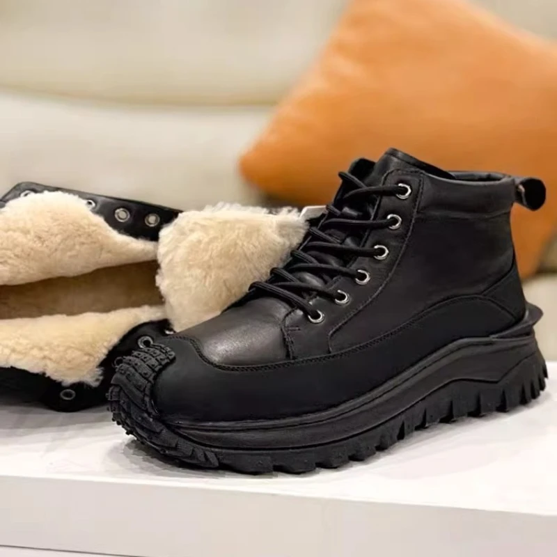 

Winter Warm Cold Resistant Outdoor Anti Slip Genuine Leather Sport Casual Cotton Boots Men's Shoes High Top Wool Snow Boots Male