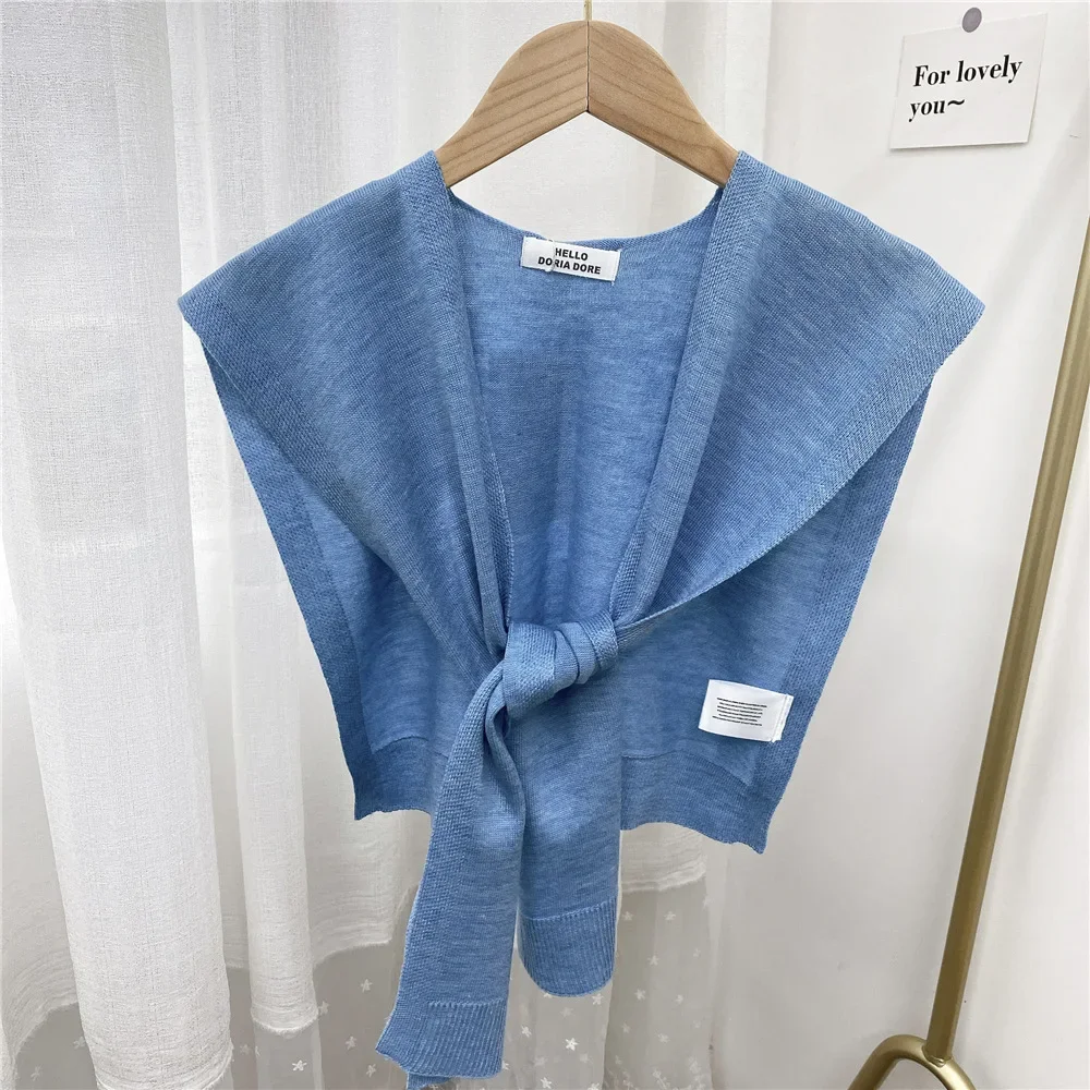 New Knitted Shawl Women's Summer Outside Air-conditioned Room Cloak Spring Autumn Korean Fashion Shoulder Blue