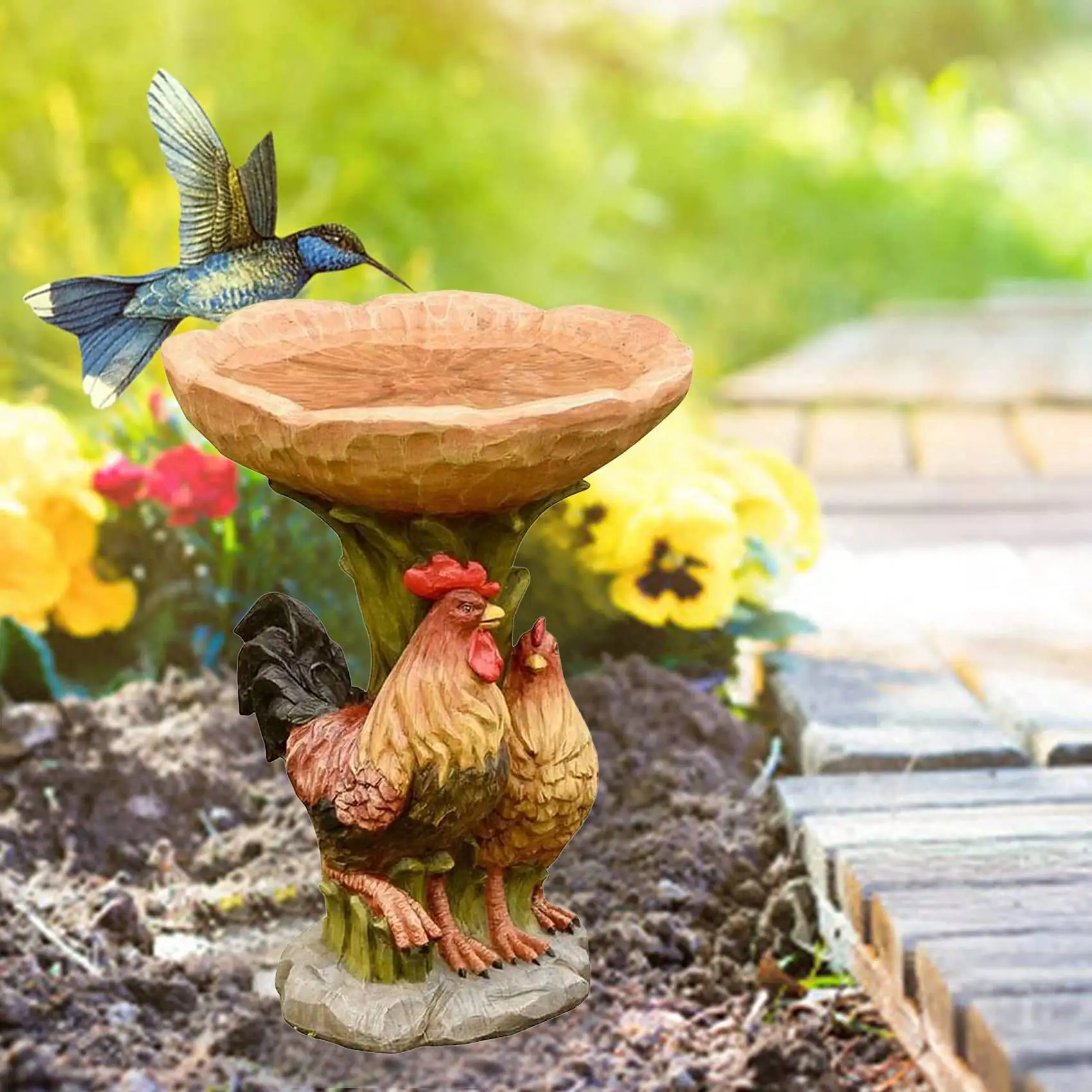 Rooster and Hen Polyresin Bird Bath Brown Pedestal Handmade Gifts for Outdoor Home Garden Lawn Yard