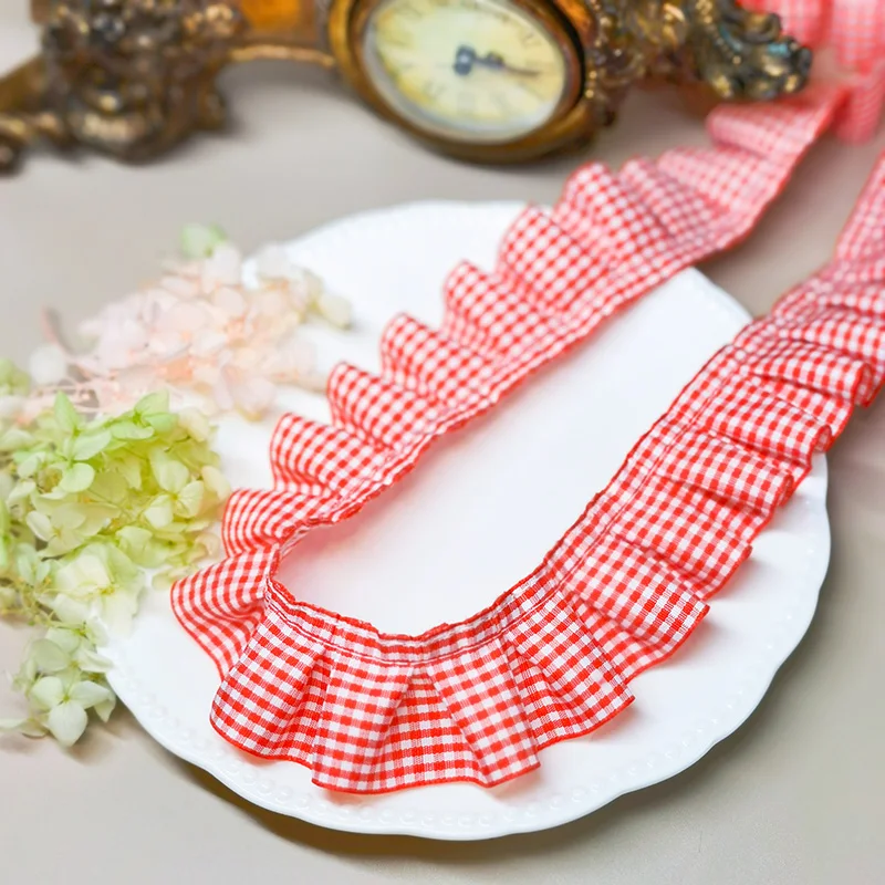 1M 4CM Wide Red White Plaid Pleated Lace Embroidered Ribbon Ruffle Ribbon Trims DIY Clothing Hair Accessories Home Sewing