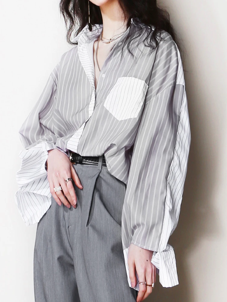 YERMORA Color-block Striped Pocket Casual Blouse For Women Lapel Long Sleeve Loose New Shirt Fashion Tide Spring Autumn 2025