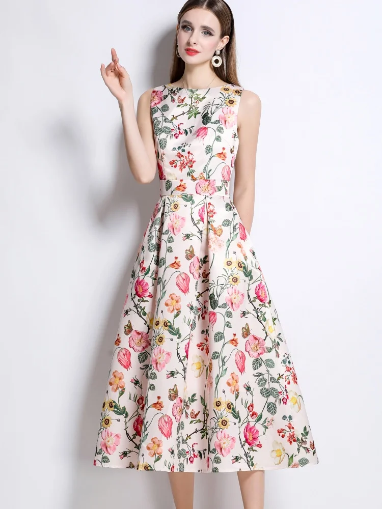 New Fashion Women Dresses 2025 Summer Sleeveless Party Dress Print A Line Maxi Long Vestidos Office Woman Sundress Robe Femme