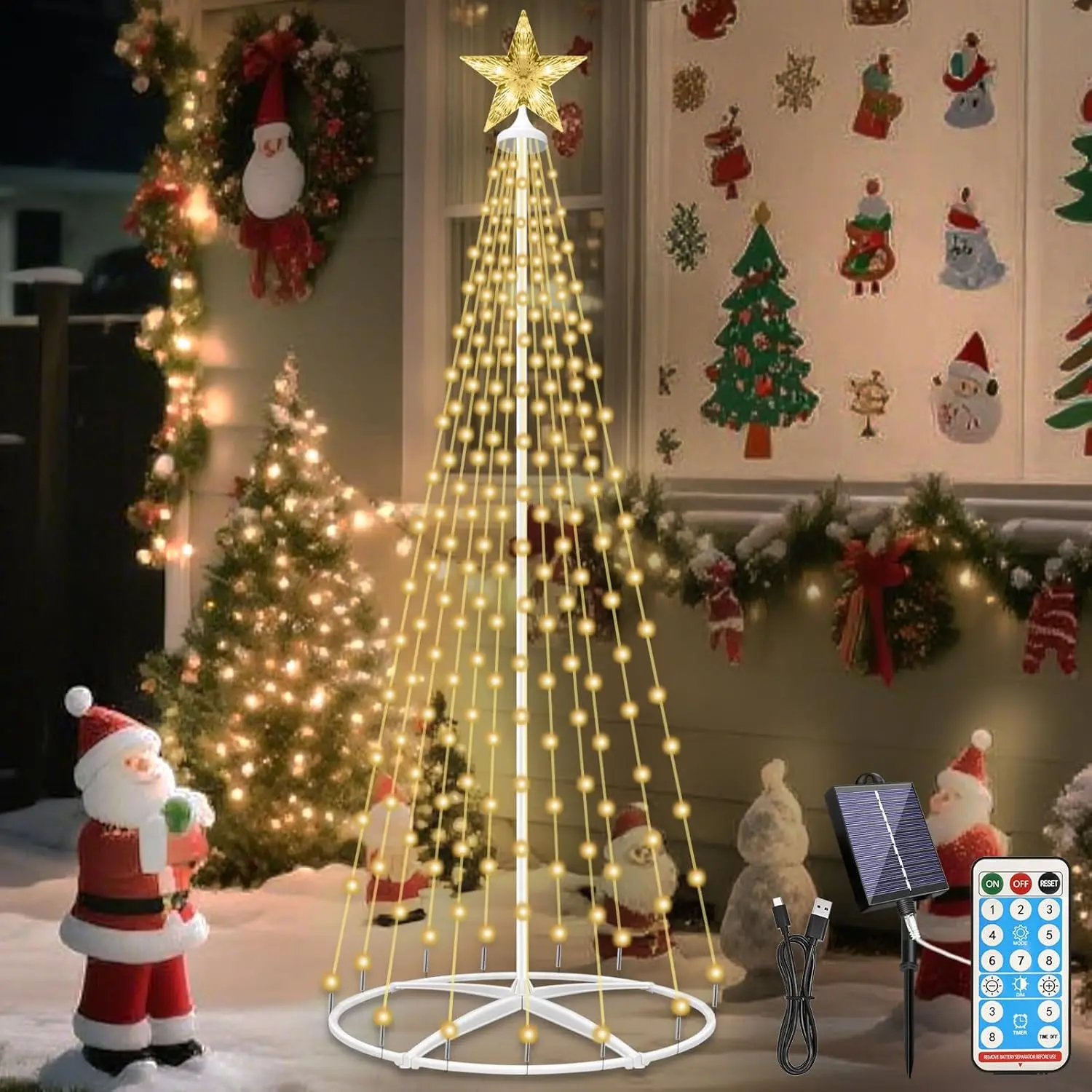 

5FT Outdoor Solar Christmas Tree Lights with Remote, 8 Modes, USB Charge, Timer & Waterproof for Garden Yard Patio in Warm White