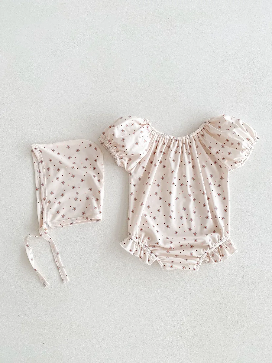 2024 Summer Baby Girl Swimsuit 0-3Years Newborn Kids Short Sleeve Flower Swimwear One-Pieces With Hat Beachwear Bathing Suit