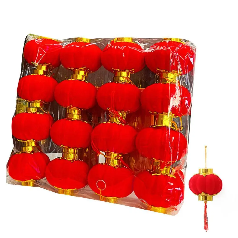 Small Red Lantern With Plush Balls Festival Wedding Hanging Lantern New Year Decorations Plastic Home Decoration