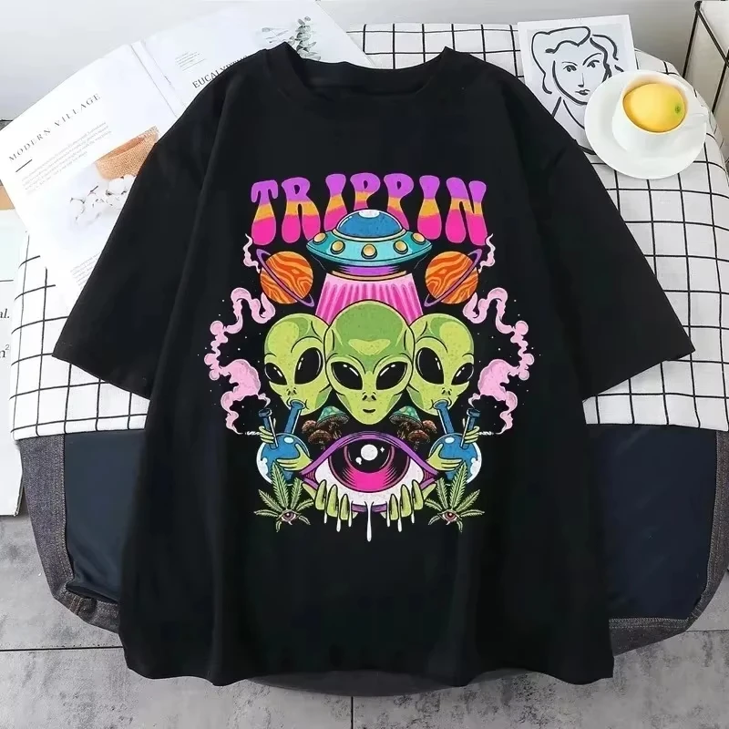 Camiseta de algodón gótica Harajuku para Mujer, Tops creativos con estampado de extraterrestre, Tops informales de verano para Mujer, Ropa para Mujer