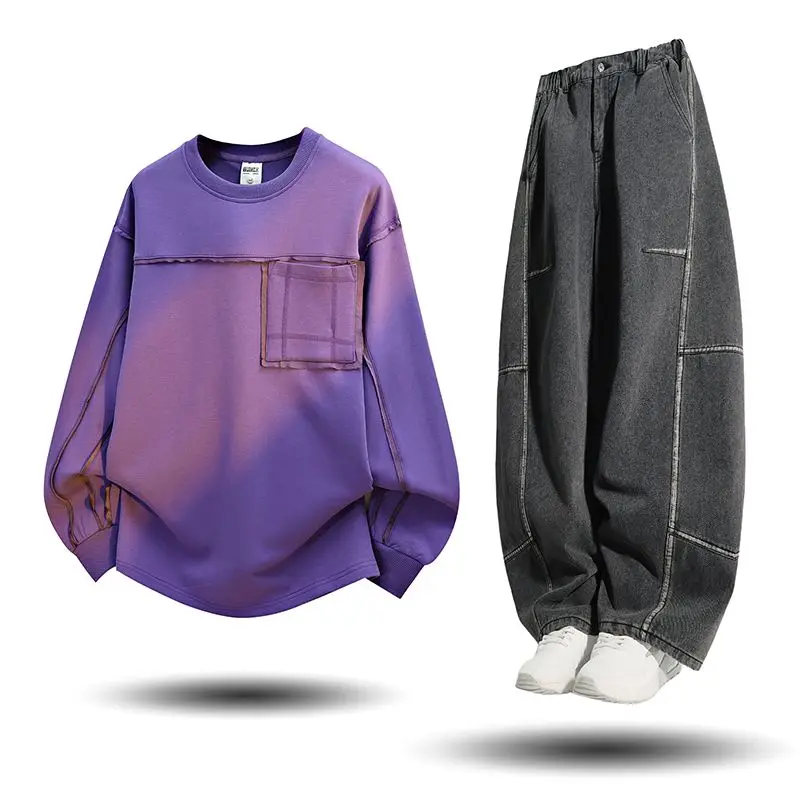 2025年秋冬メンズトラックスーツカジュアルラウンドネックプルオーバースポーツウェアと万能パンツ2ピースセットヒップホップスーツ大きいサイズ