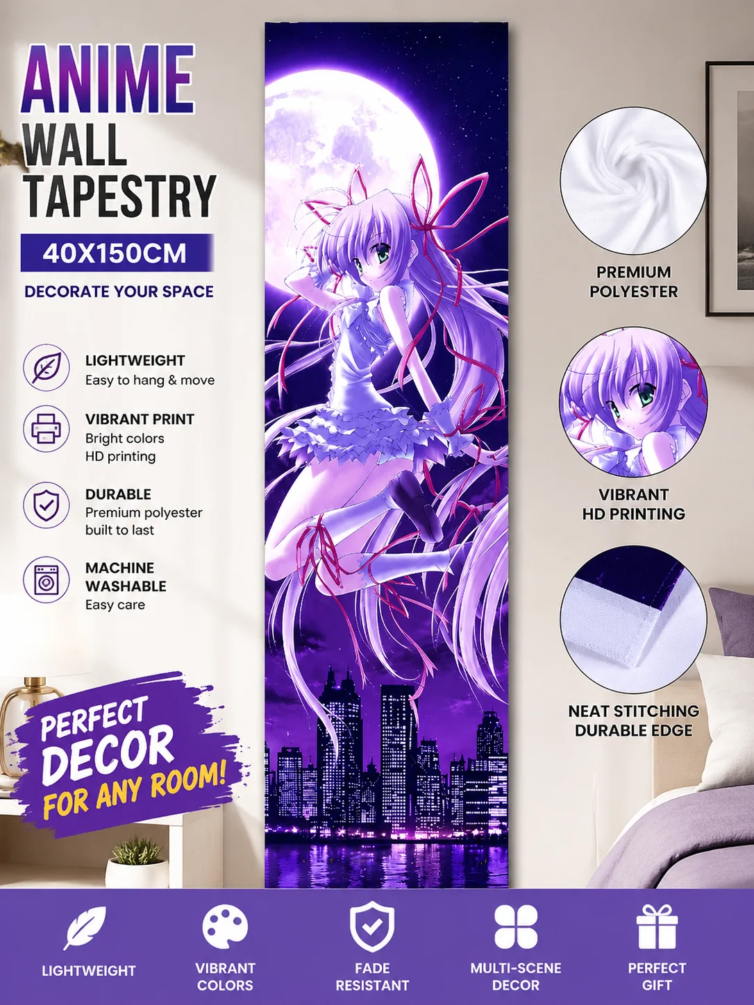 Demonbane Al Azif Vertical Tapestry, Full Moon Purple Night Cityscape Long Anime Wall Hanging Bedroom Decor