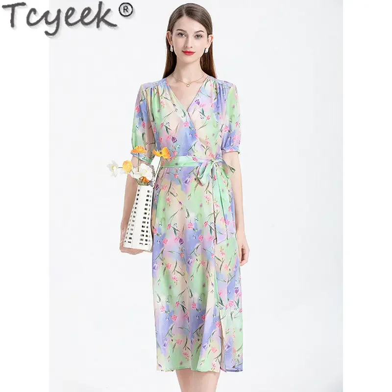 Tcyeek Real Silk Elegant Dresses for Women Summer Long Dress 100% Mulberry Silk Dress 2023 Womens Clothing Vestidos Para Mujer