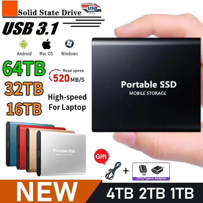 Ssd externo portátil de 1TB, unidad de estado sólido, USB 3,1, disco duro externo de alta velocidad, 2TB, ordenador portátil, para escritorio y